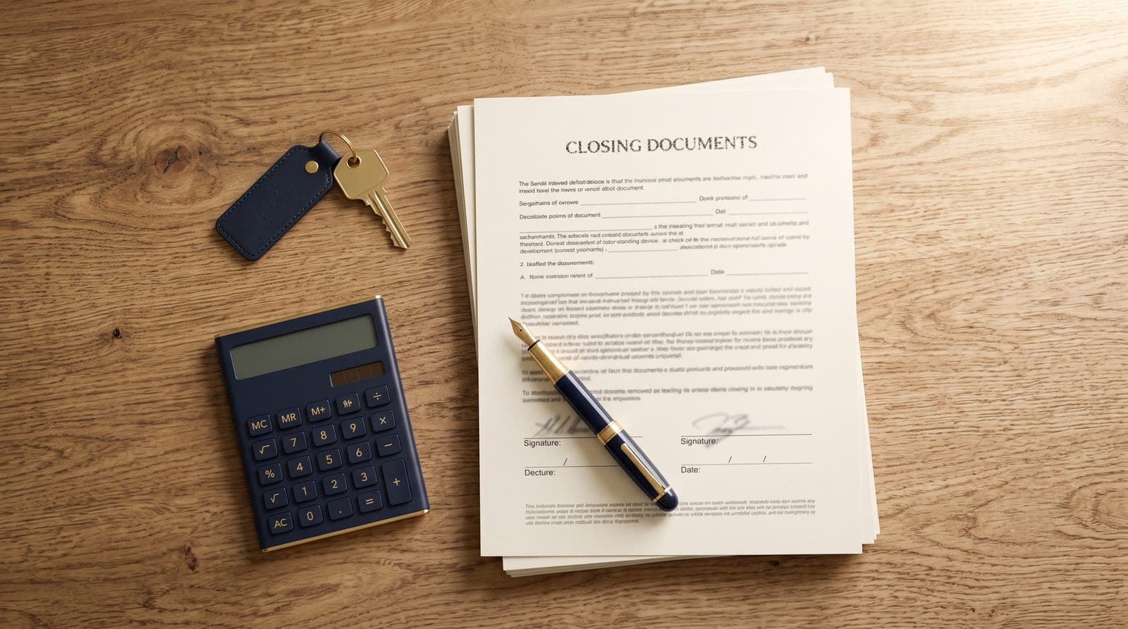 Closing documents, a calculator, a house key and a fountain pen arranged on a wooden desk
