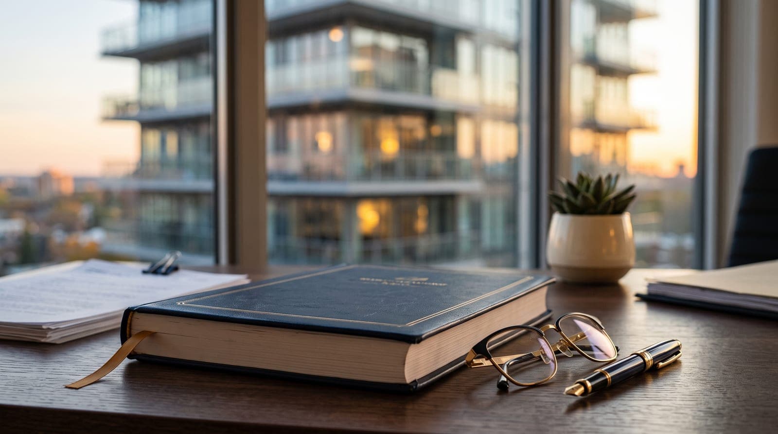 A bound document with reading glasses and a pen on a desk, a modern condominium building through the window behind