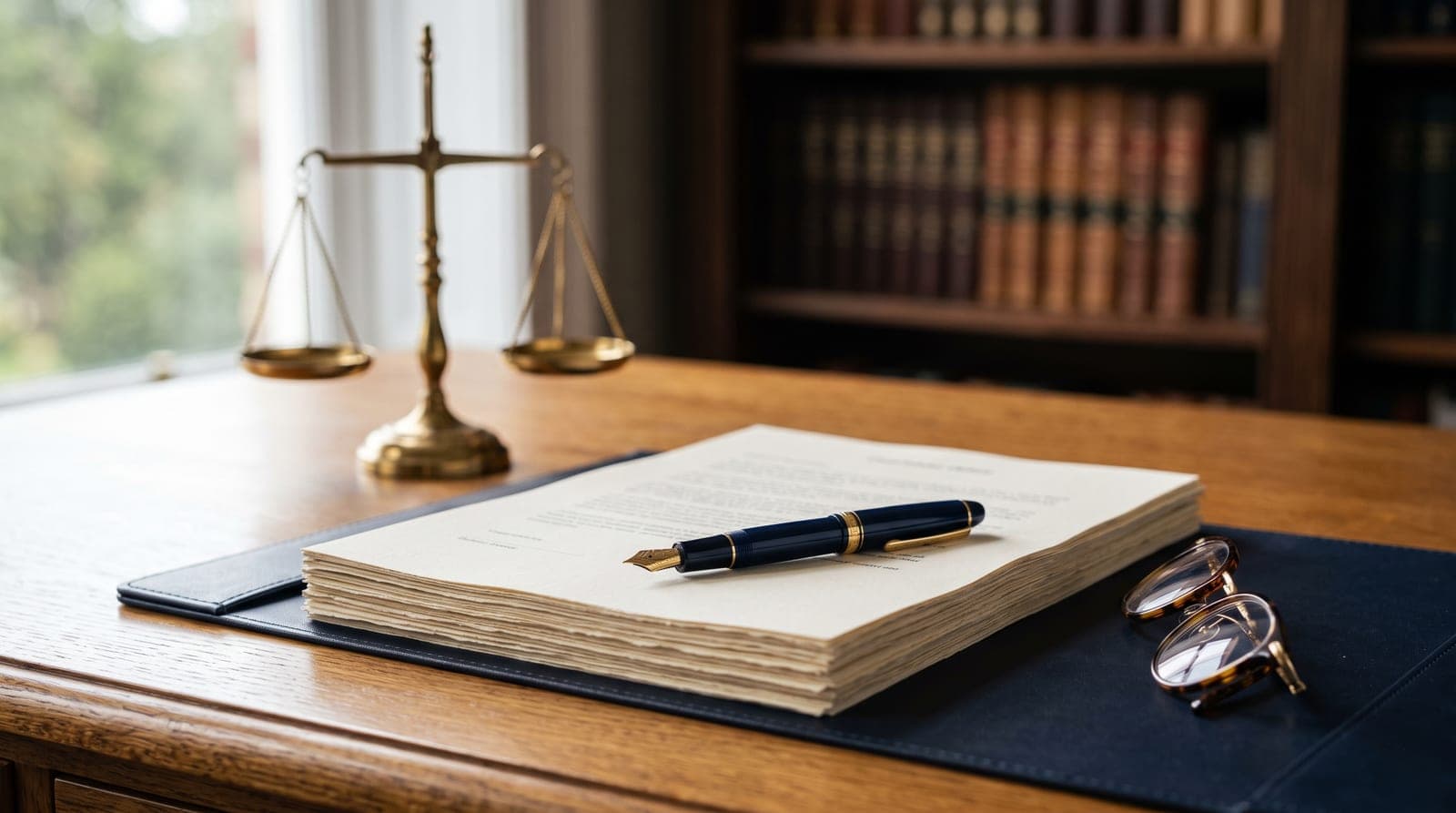 A stack of contract pages with a fountain pen resting on top, reading glasses beside them and a brass balance scale behind