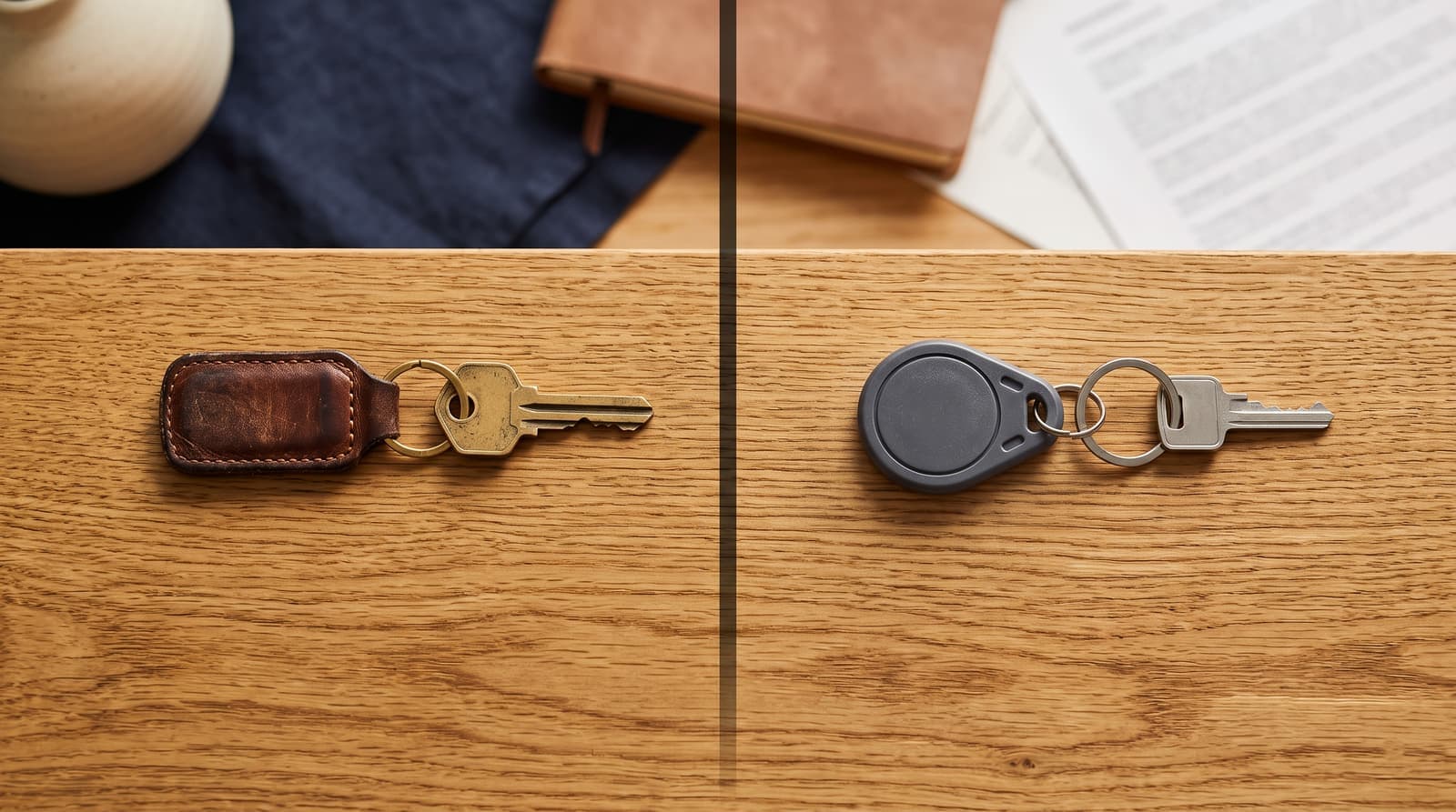 Two sets of keys side by side on an oak surface, a brass house key on a leather fob and a modern electronic fob with a steel key