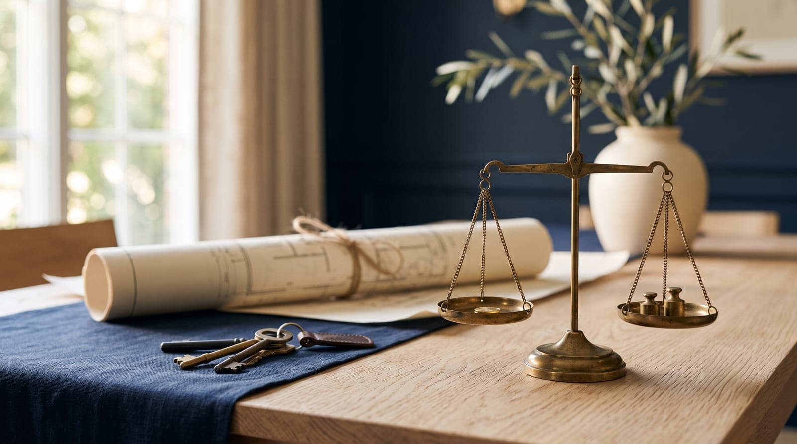 A brass balance scale beside house keys and a rolled architectural drawing on a wooden table