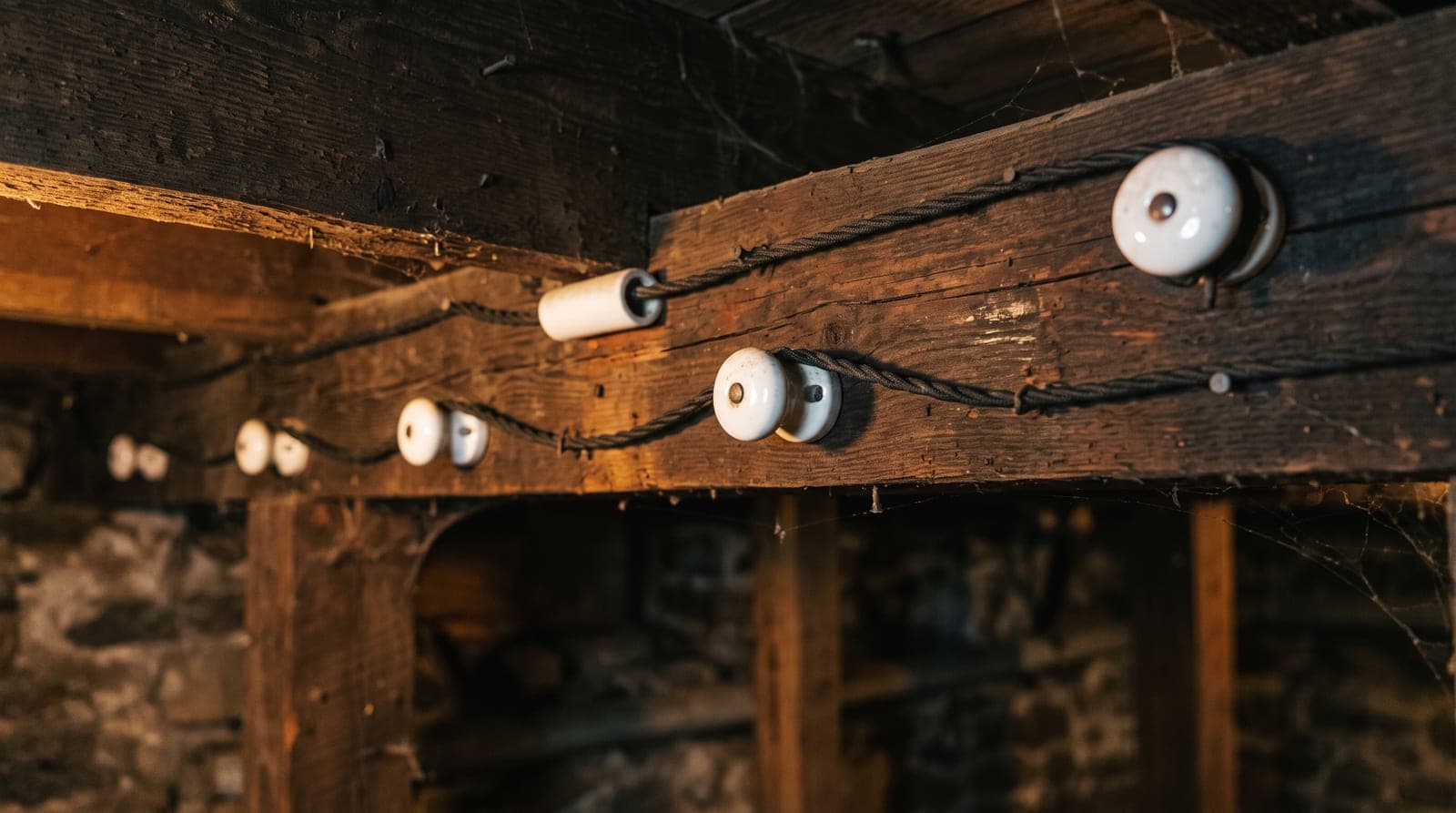 Vintage knob and tube wiring in an old basement, white ceramic insulators and cloth covered wire running along aged wooden joists