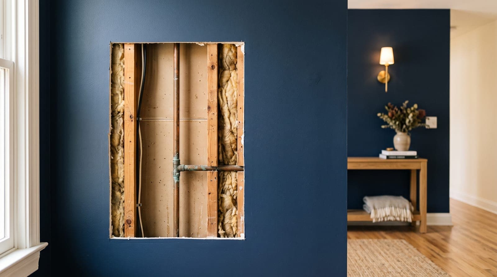 A section of drywall removed from a navy painted wall, revealing the timber studs, insulation and an old copper pipe hidden inside