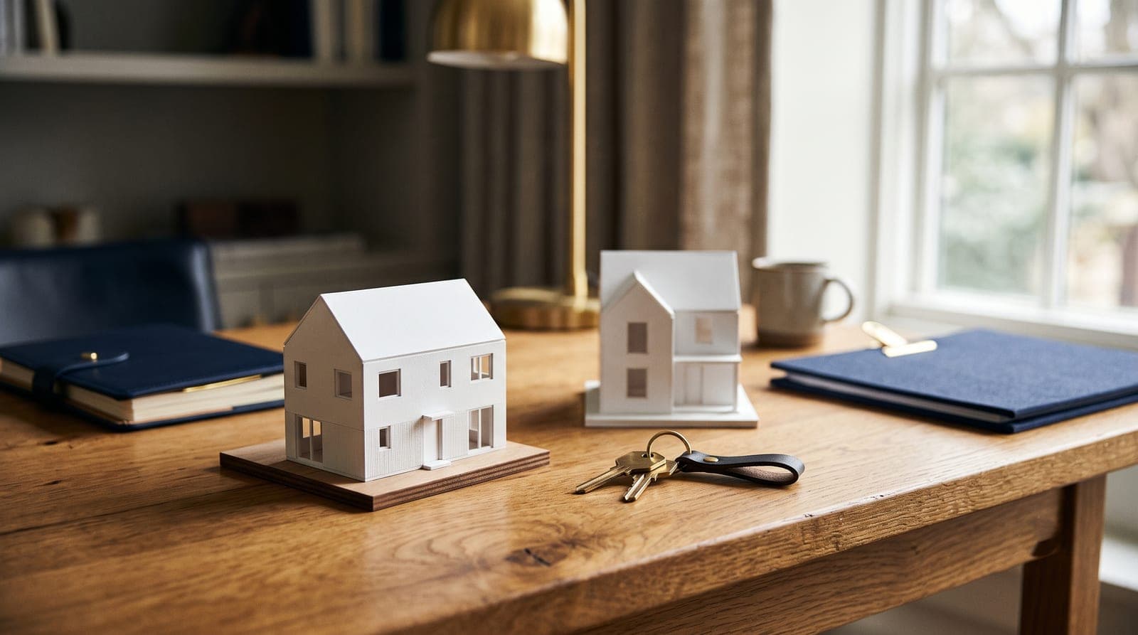 Two small white house models side by side on a wooden desk with a set of keys between them