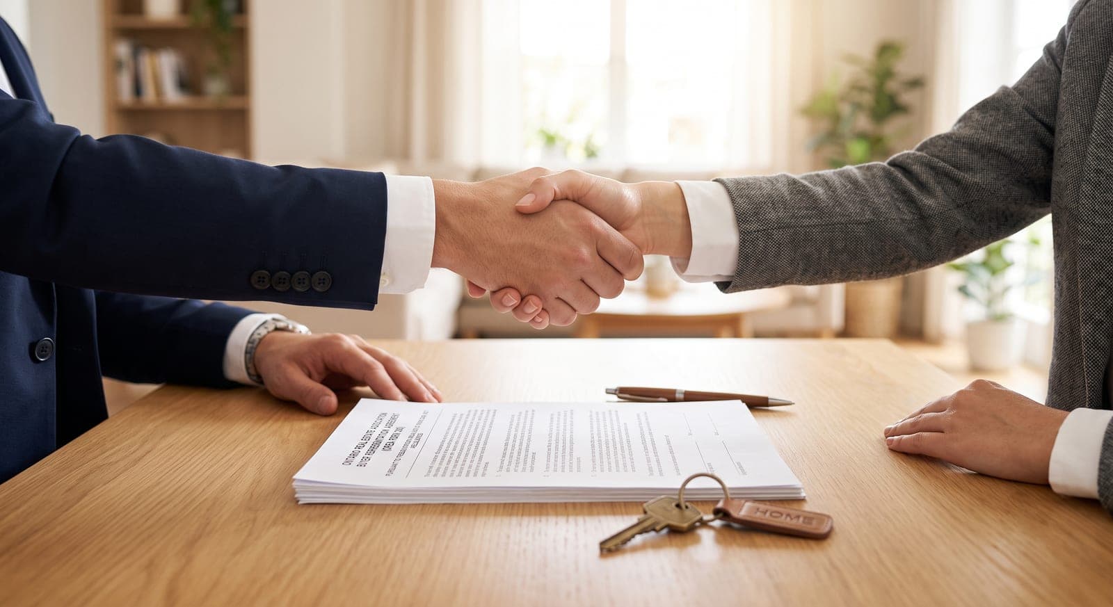Two people shaking hands over a buyer representation agreement and house keys