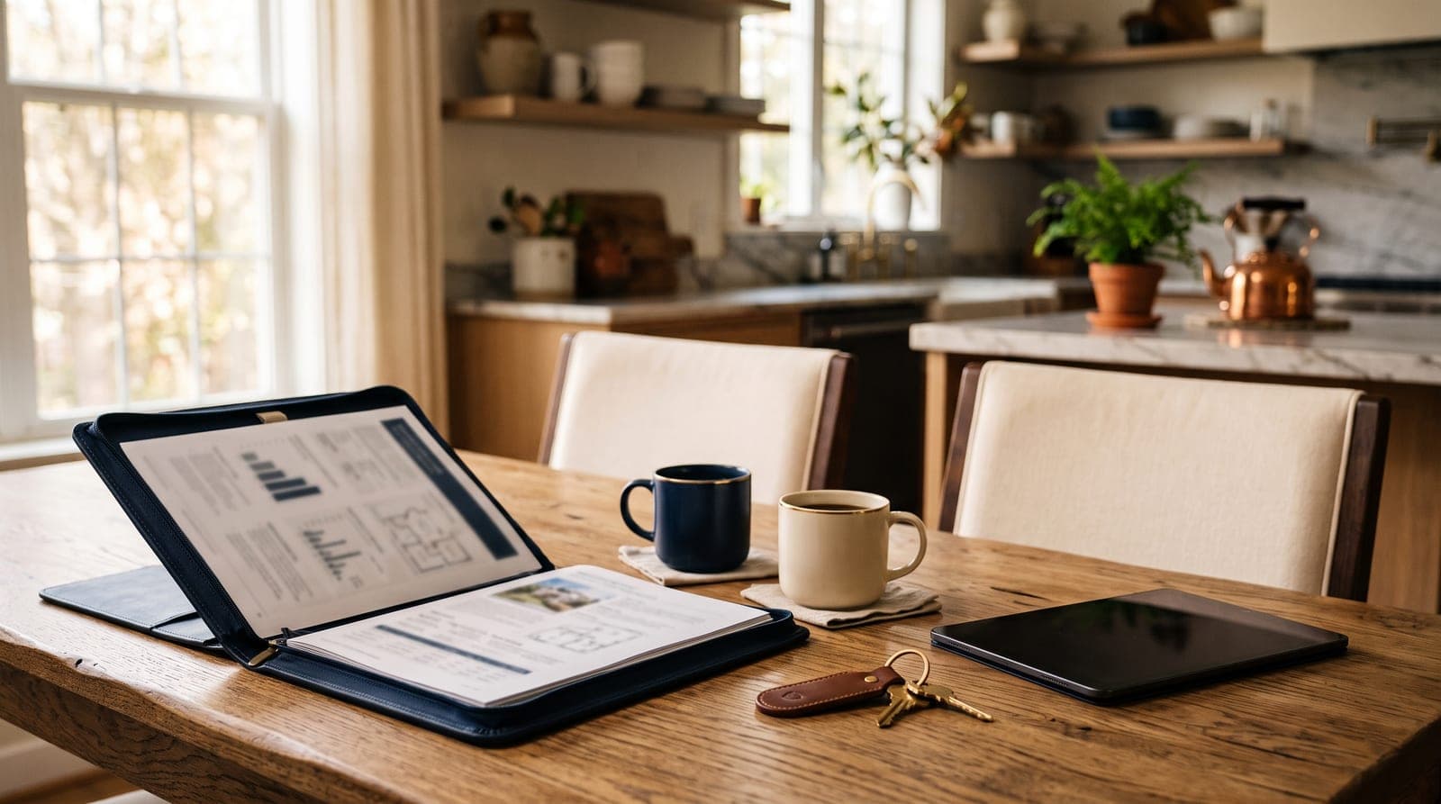A kitchen table set for a listing meeting with an open folder of charts, two coffee cups, house keys and a tablet