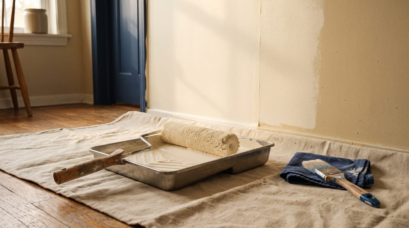 A paint roller and tray of soft off-white paint on a drop cloth, beside a wall half repainted so the fresh colour meets the older shade